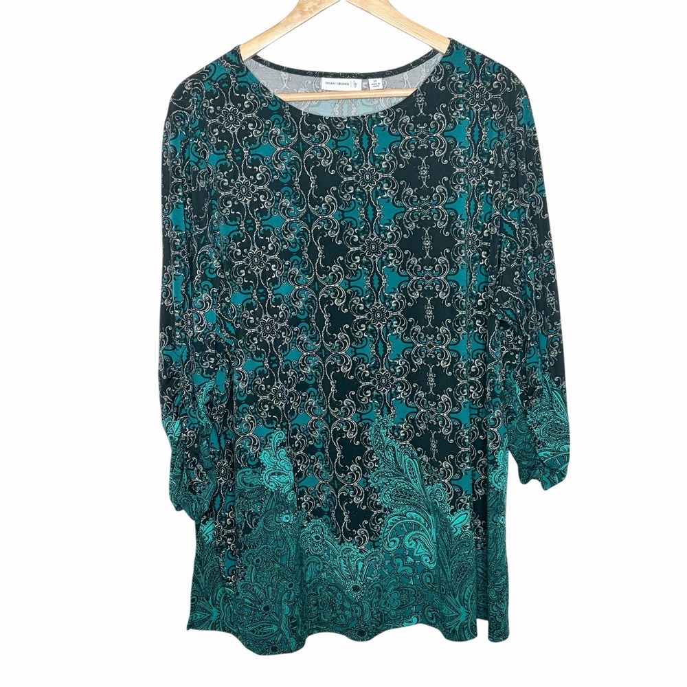 Susan Graver Liquid Knit Boho Print Top Teal Womens Size 2X Stretch 3/4 Sleeve